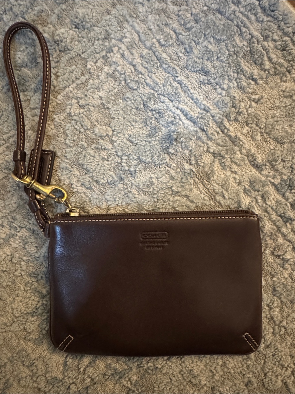 Coach Dark Brown Leather Wristlet with Gold Hardware